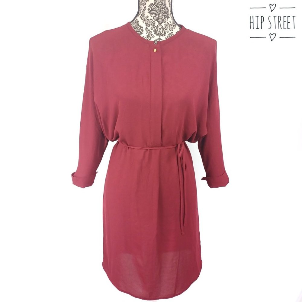 MASSIMO DUTTI Wine Red Dolman Sleeve Belted Shift Dress